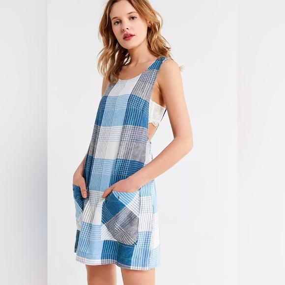 Urban Outfitters Blue & Gray Romana Plaid Linen Shift Dress Size XS - Picture 1 of 8